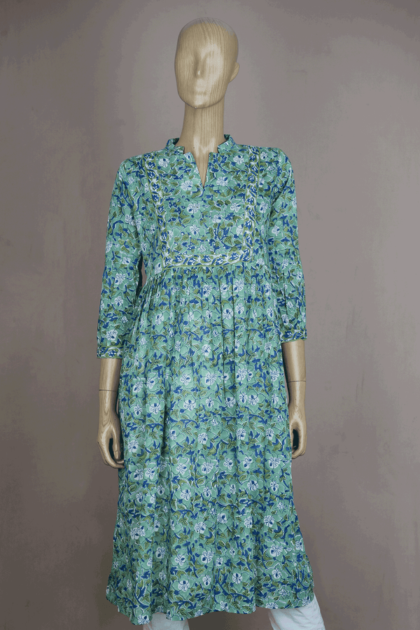 Split Neck Floral Printed Mint Green Jaipur Cotton Long Kurta