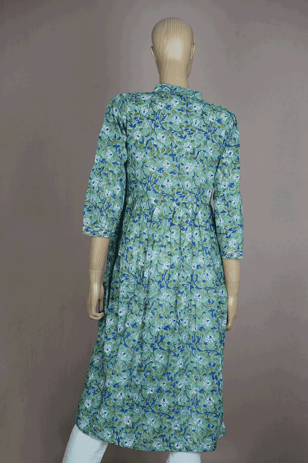 Split Neck Floral Printed Mint Green Jaipur Cotton Long Kurta