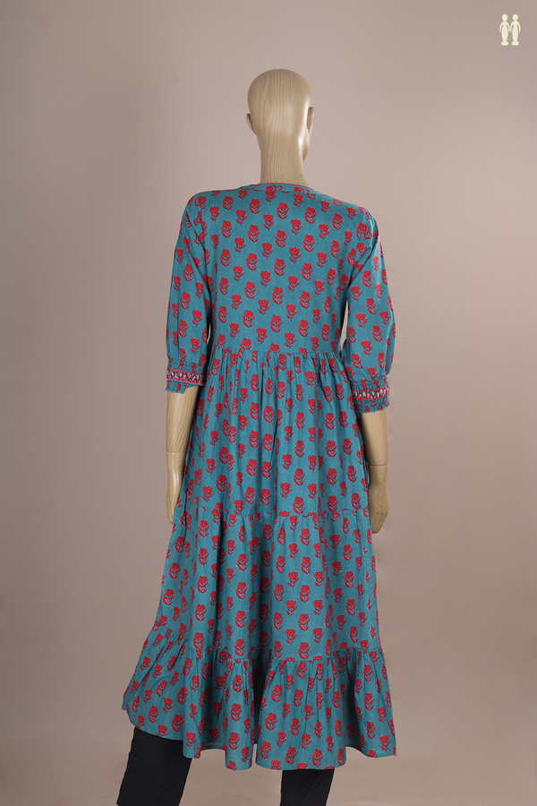 Split Neck Floral Printed Pine Green Cotton Long Kurta