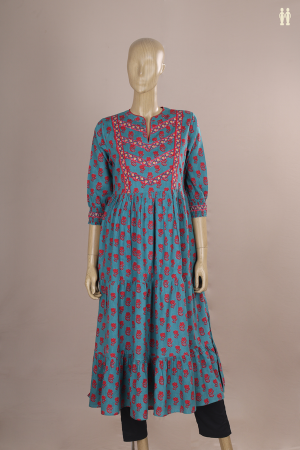 Split Neck Floral Printed Pine Green Cotton Long Kurta