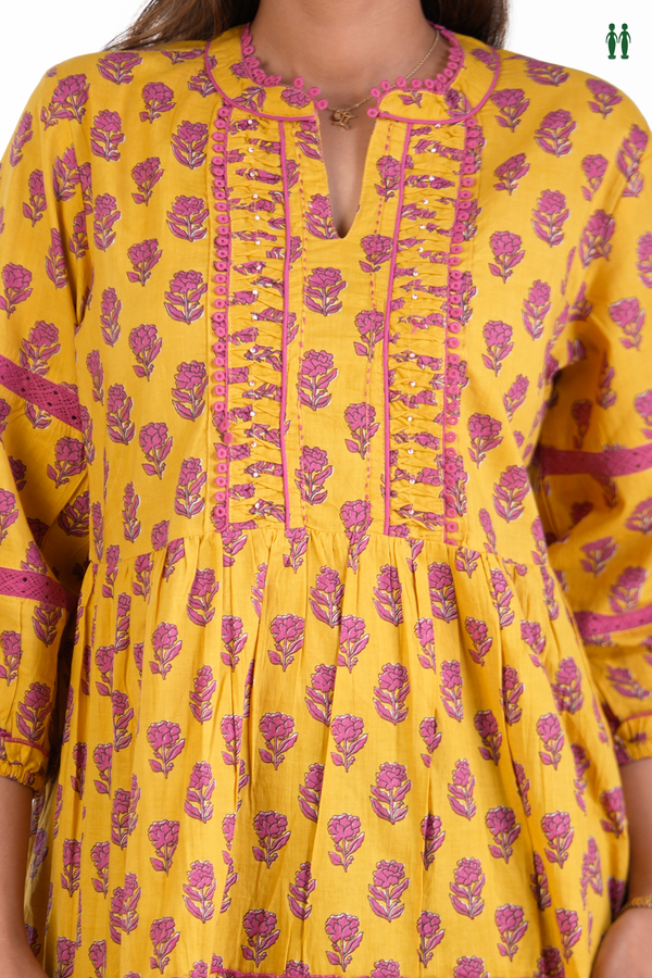 Split Neck Floral Printed Yellow Cotton Long Kurta