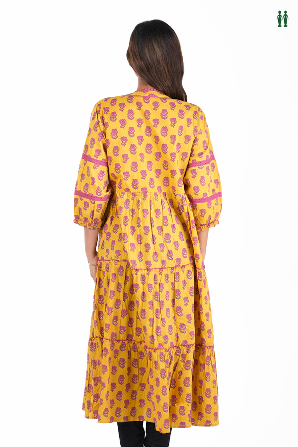 Split Neck Floral Printed Yellow Cotton Long Kurta