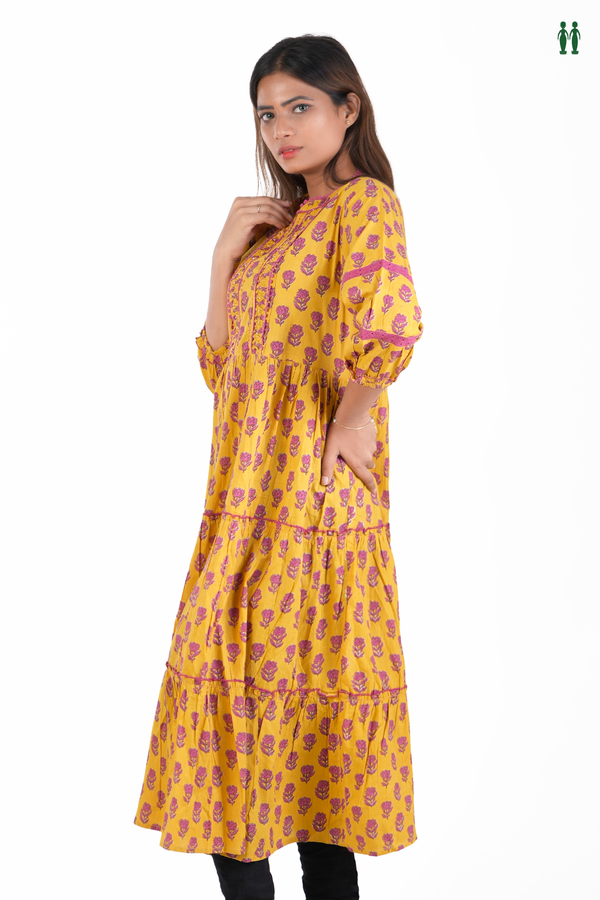 Split Neck Floral Printed Yellow Cotton Long Kurta
