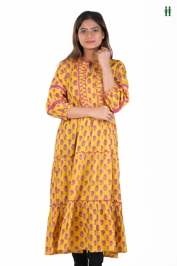 Split Neck Floral Printed Yellow Cotton Long Kurta