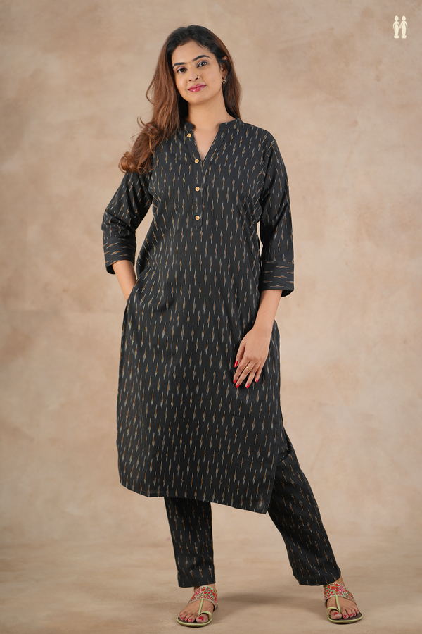 Mandarin Neck Ikat Design Black Cotton Salwar Set