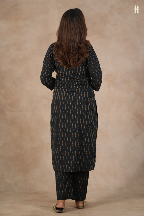 Mandarin Neck Ikat Design Black Cotton Salwar Set