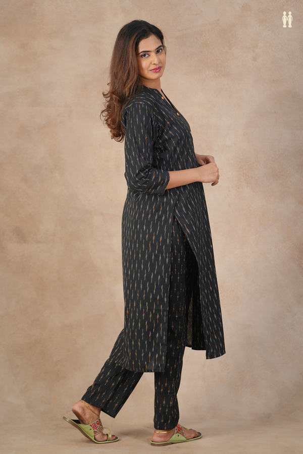 Mandarin Neck Ikat Design Black Cotton Salwar Set