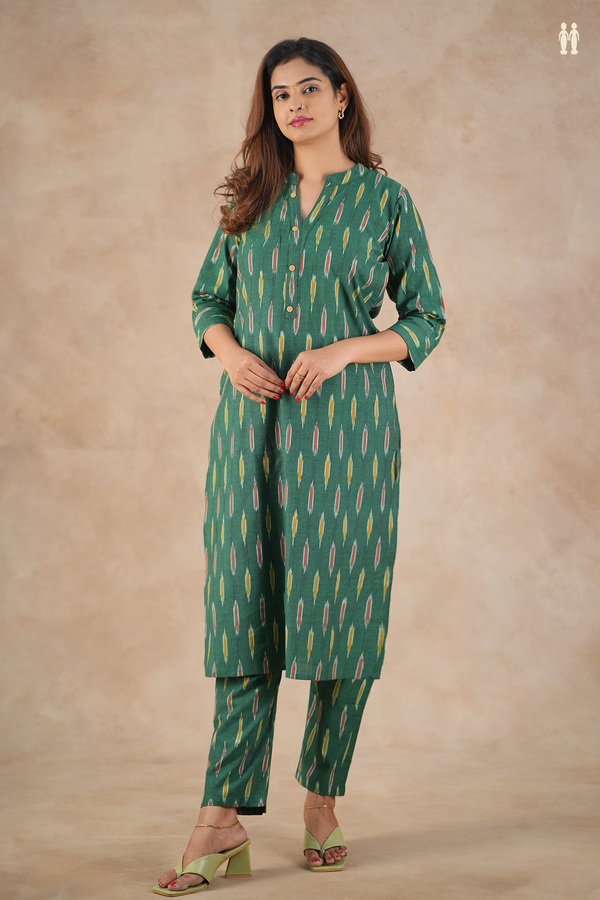 Mandarin Neck Ikat Design Forest Green Cotton Salwar Set
