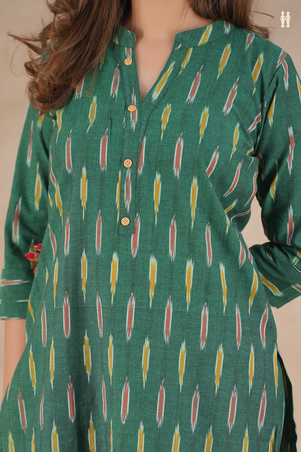 Mandarin Neck Ikat Design Forest Green Cotton Salwar Set