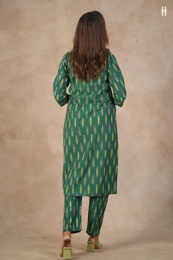 Mandarin Neck Ikat Design Forest Green Cotton Salwar Set