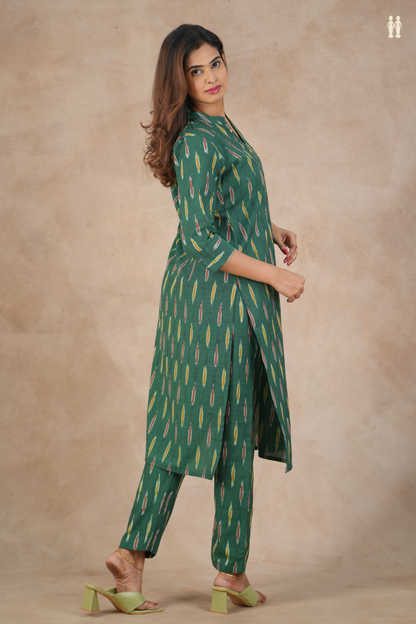 Mandarin Neck Ikat Design Forest Green Cotton Salwar Set