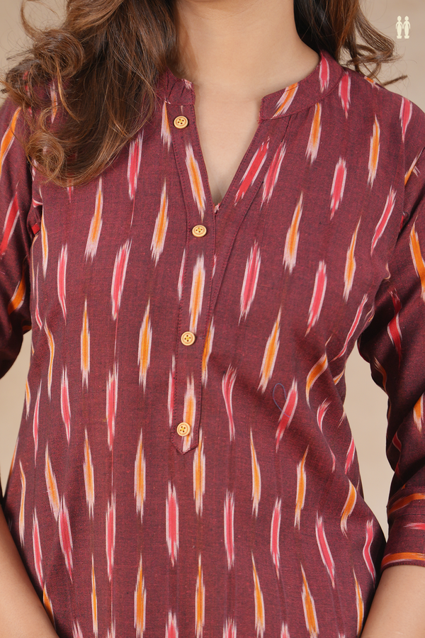 Mandarin Neck Ikat Design Maroon Cotton Salwar Set