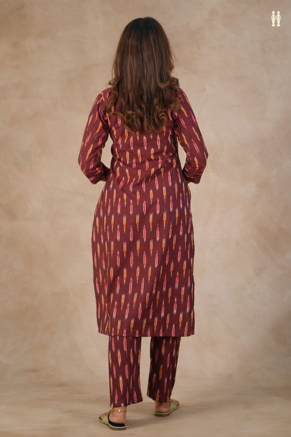 Mandarin Neck Ikat Design Maroon Cotton Salwar Set