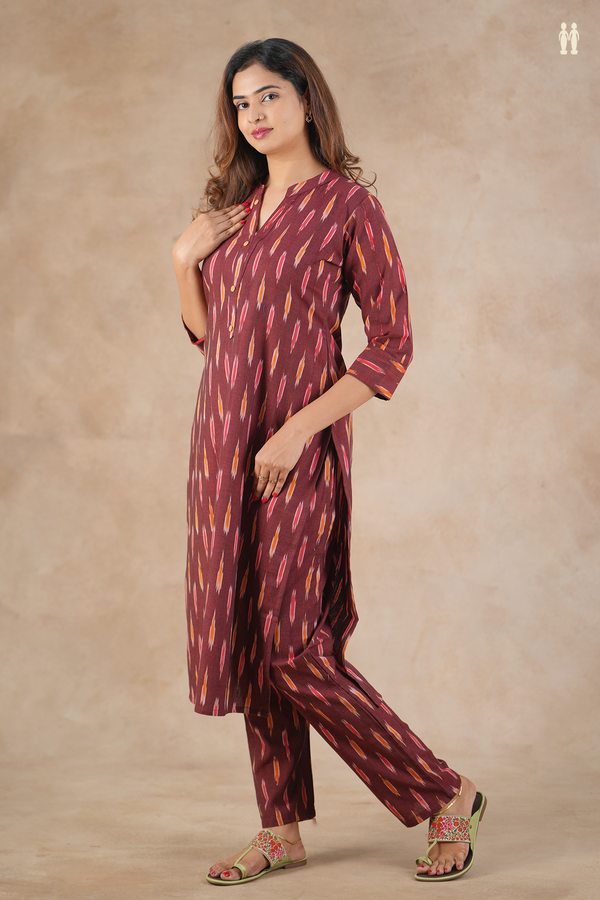 Mandarin Neck Ikat Design Maroon Cotton Salwar Set