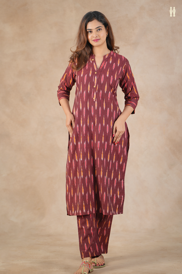 Mandarin Neck Ikat Design Maroon Cotton Salwar Set