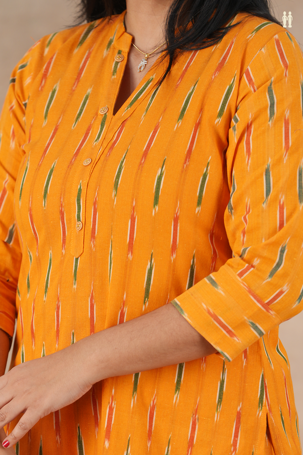 Split Neck Ikat Design Orange Cotton Salwar Set