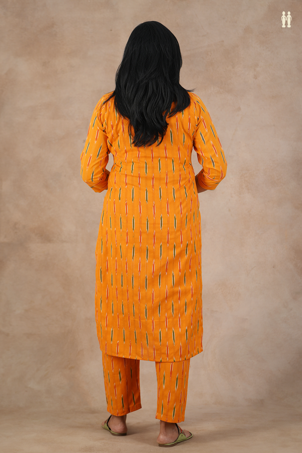Split Neck Ikat Design Orange Cotton Salwar Set