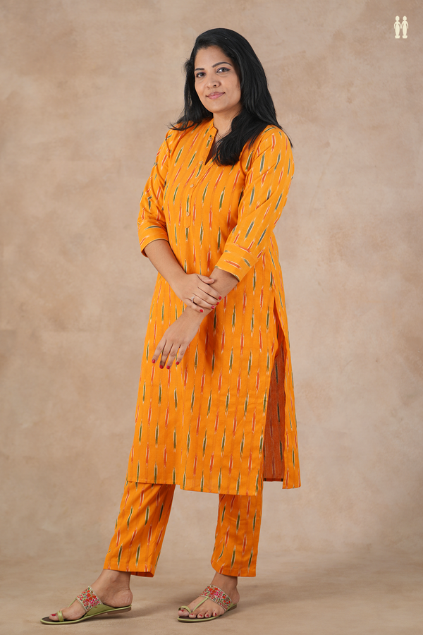 Split Neck Ikat Design Orange Cotton Salwar Set