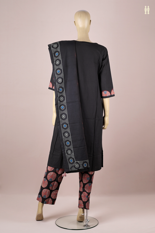Split Neck Patch Work Black Cotton Salwar Set