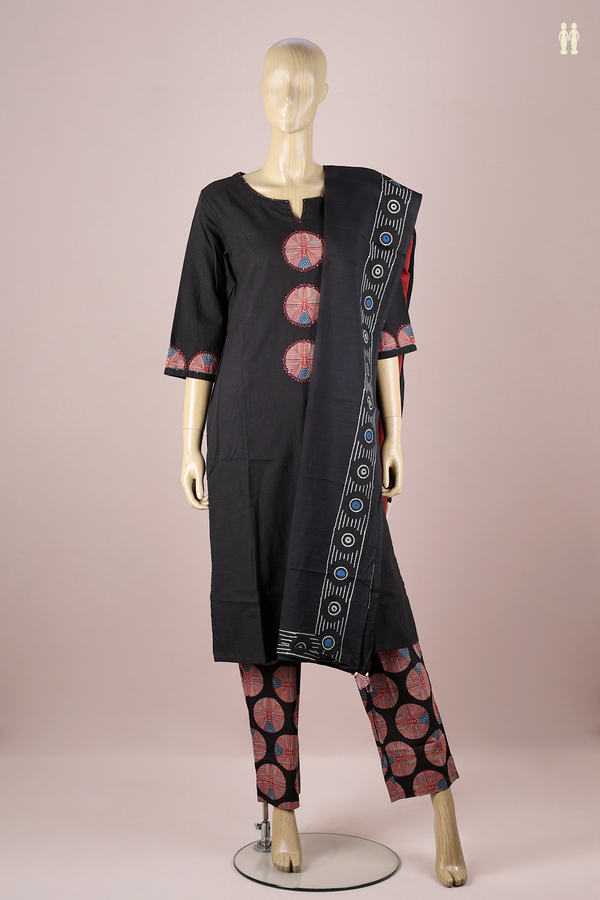 Split Neck Patch Work Black Cotton Salwar Set