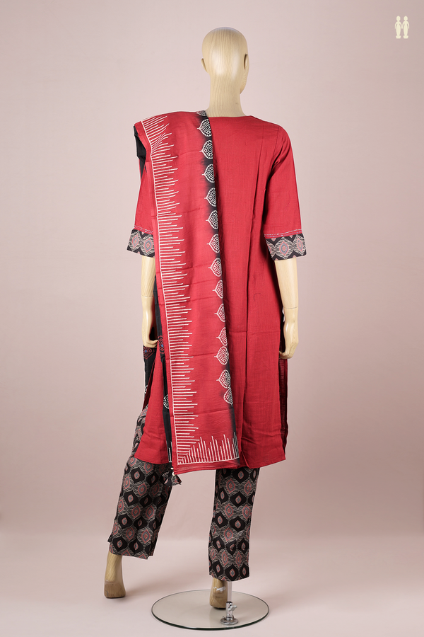Split Neck Ogee Design Red Cotton Salwar Set