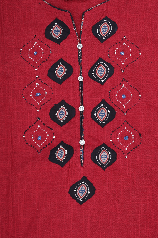 Split Neck Ogee Design Red Cotton Salwar Set