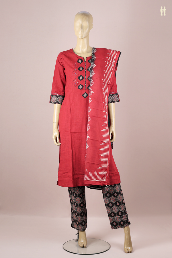 Split Neck Ogee Design Red Cotton Salwar Set