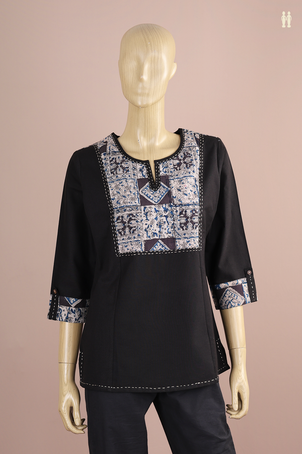 Split Neck Plain Black Cotton Short Top
