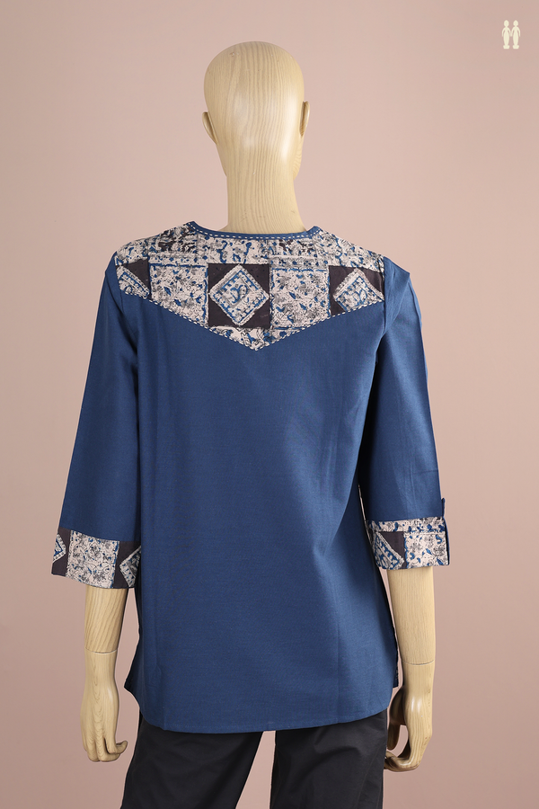 Split Neck Plain Blue Cotton Short Top