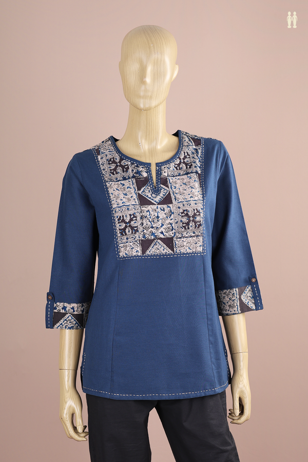 Split Neck Plain Blue Cotton Short Top