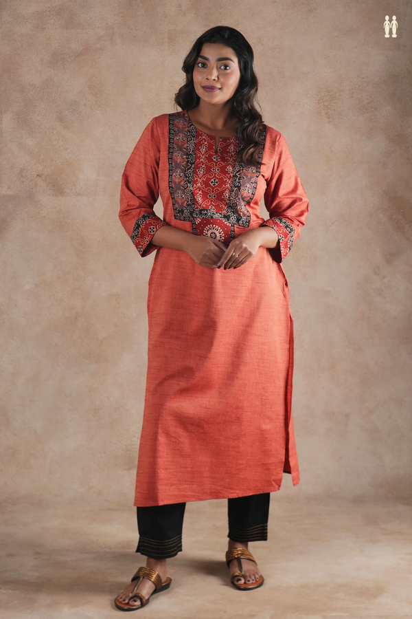 Split Neck Plain Brick Red Cotton Long Kurta