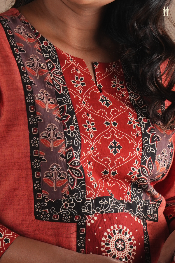 Split Neck Plain Brick Red Cotton Long Kurta