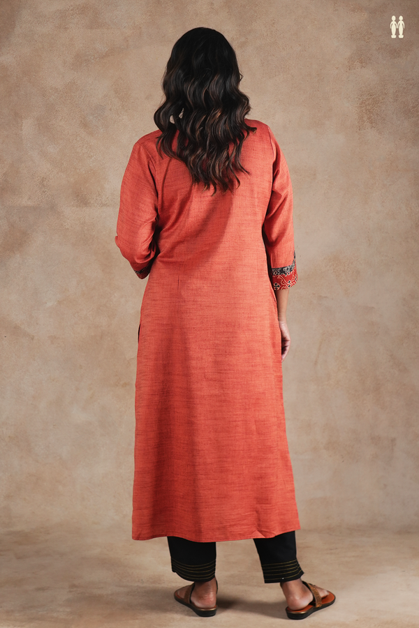 Split Neck Plain Brick Red Cotton Long Kurta