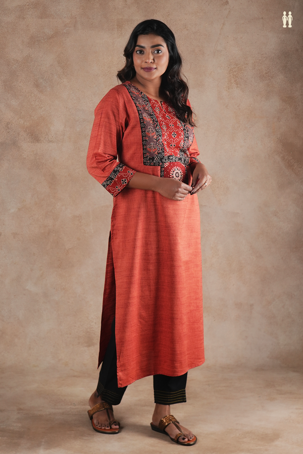 Split Neck Plain Brick Red Cotton Long Kurta