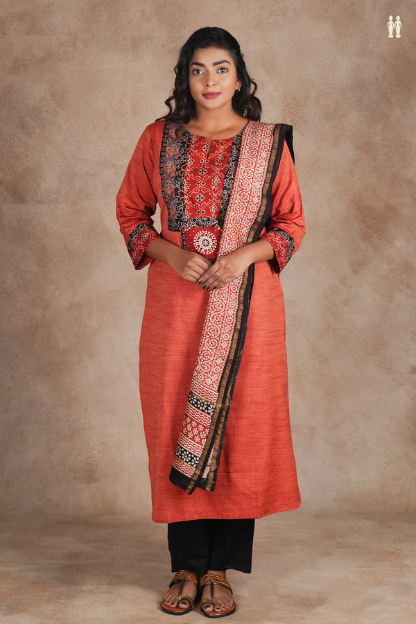 Split Neck Plain Brick Red Cotton Salwar Set
