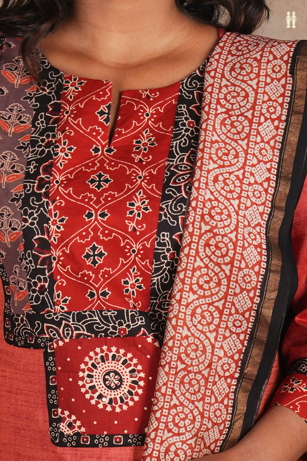 Split Neck Plain Brick Red Cotton Salwar Set