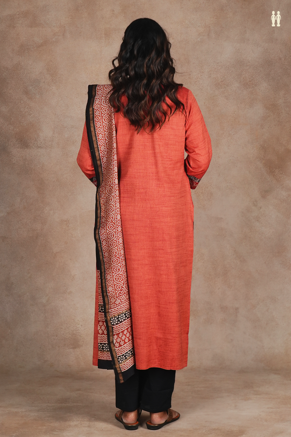 Split Neck Plain Brick Red Cotton Salwar Set