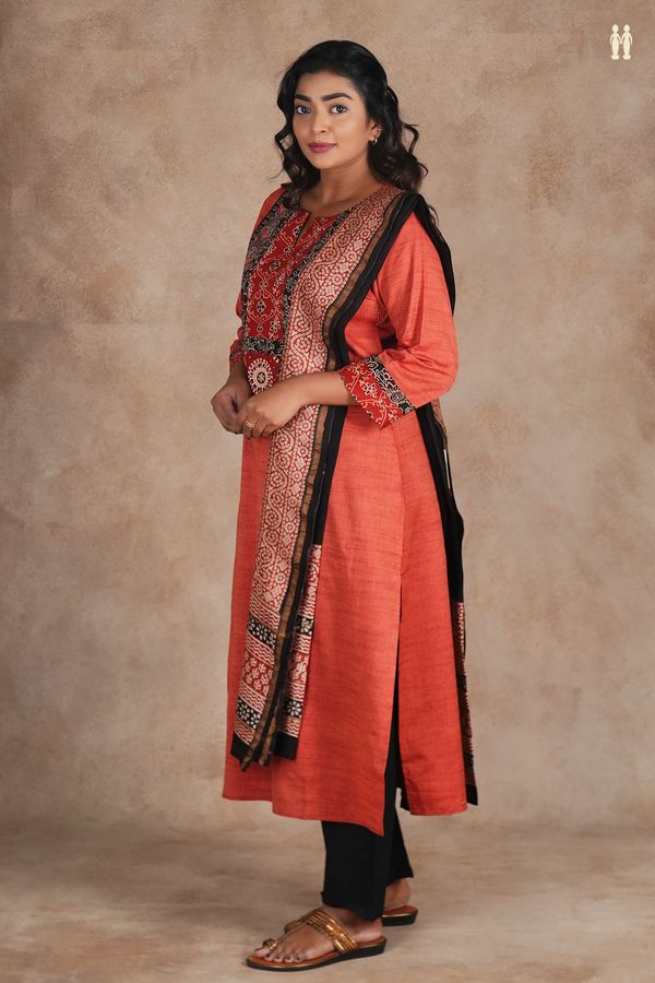 Split Neck Plain Brick Red Cotton Salwar Set