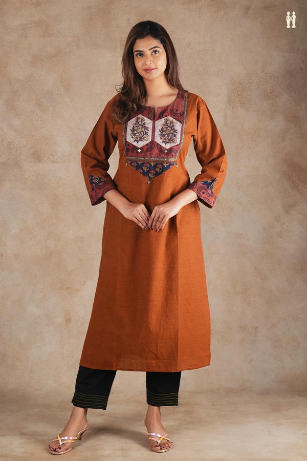 Split Neck Plain Brown Cotton Long Kurta