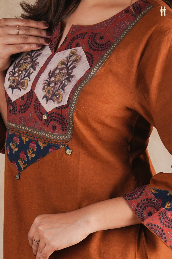 Split Neck Plain Brown Cotton Long Kurta