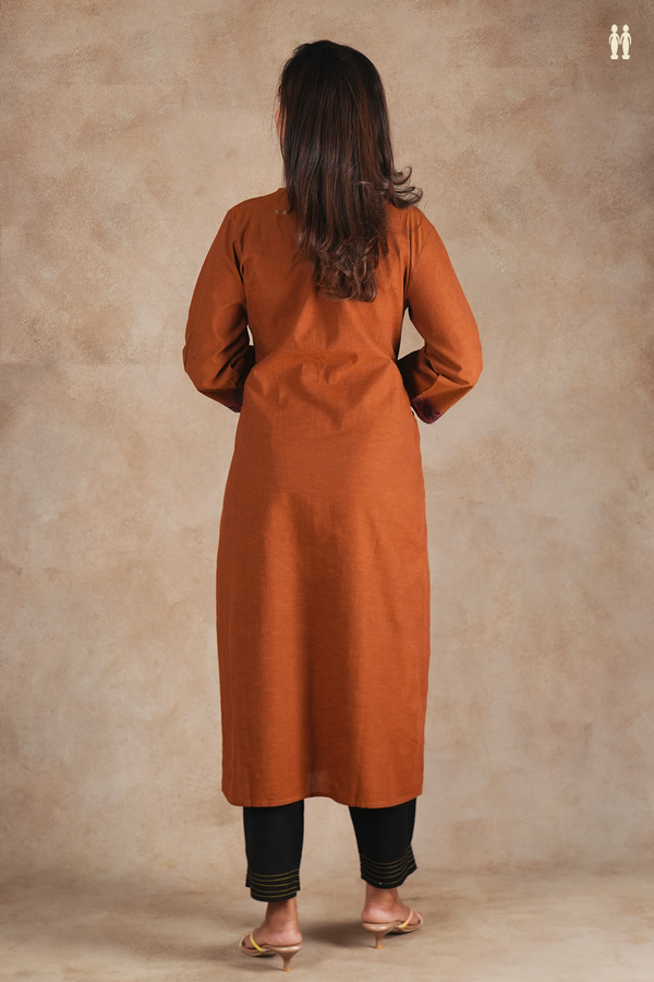 Split Neck Plain Brown Cotton Long Kurta