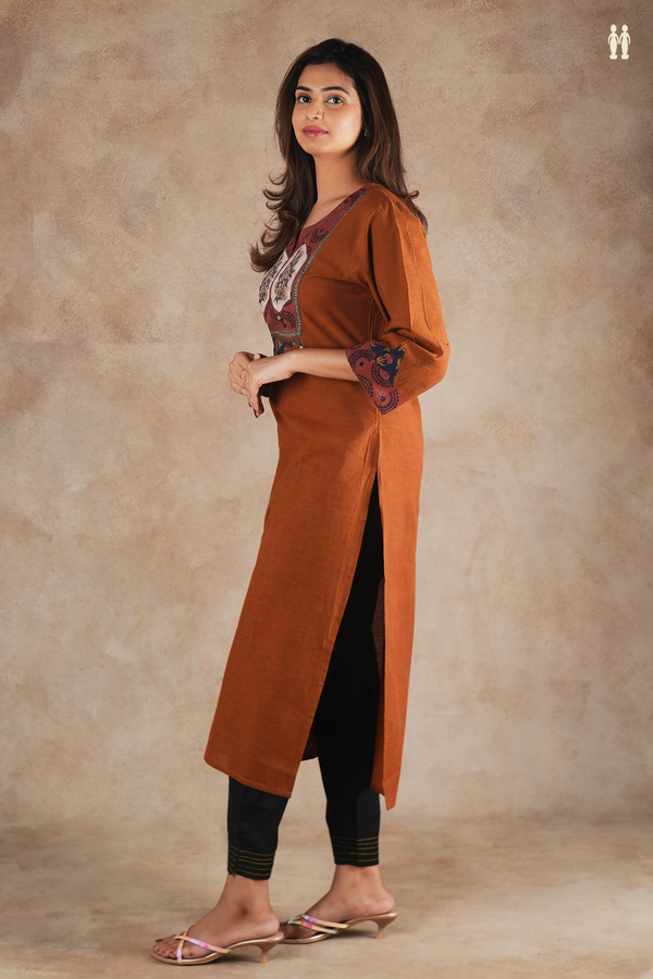 Split Neck Plain Brown Cotton Long Kurta