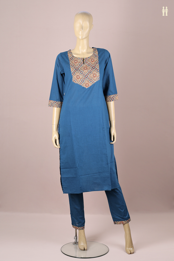 Split Neck Plain Capri Blue Cotton Salwar Set