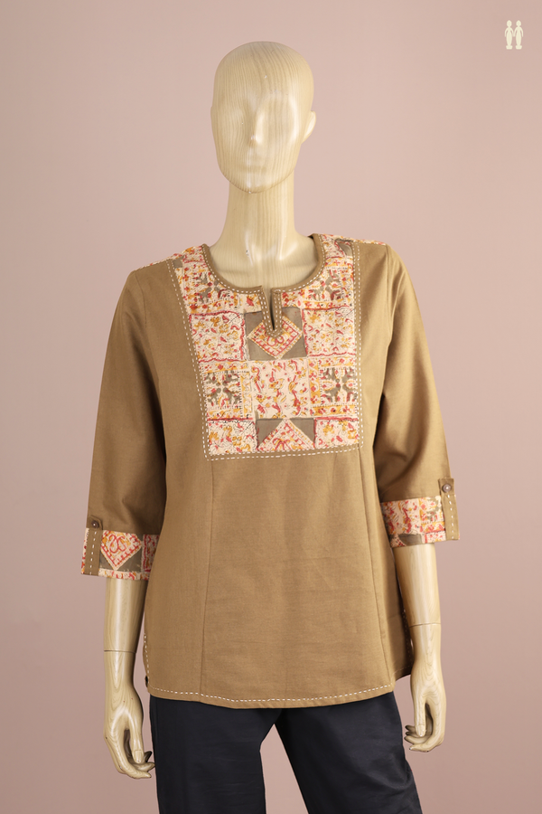 Split Neck Plain Cardamom Green Cotton Short Top