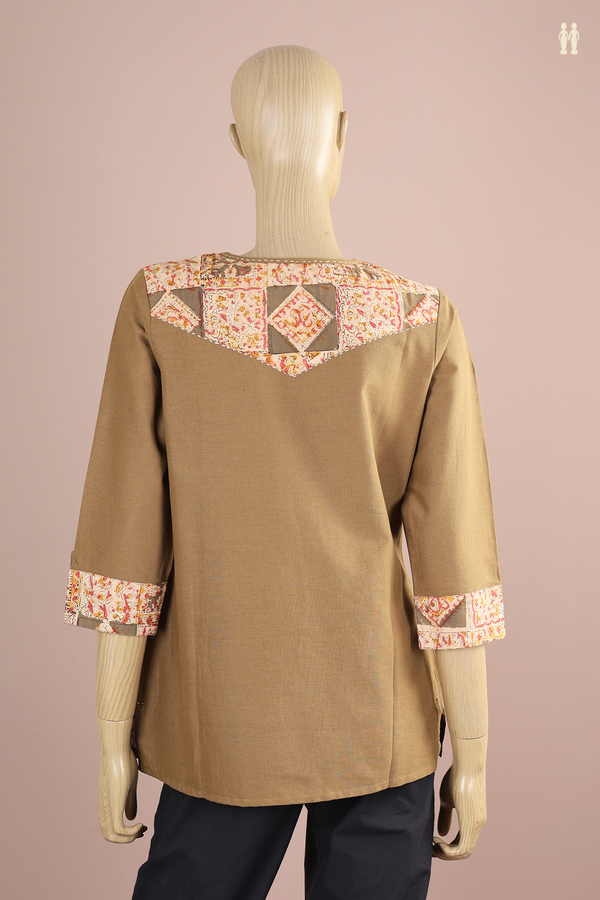 Split Neck Plain Cardamom Green Cotton Short Top