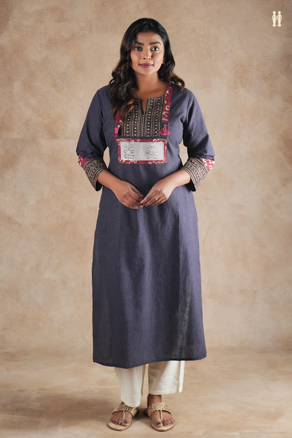 Split Neck Plain Charcoal Grey Cotton Long Kurta