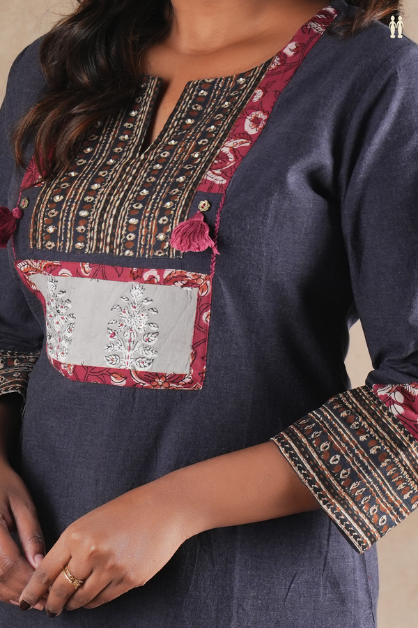 Split Neck Plain Charcoal Grey Cotton Long Kurta