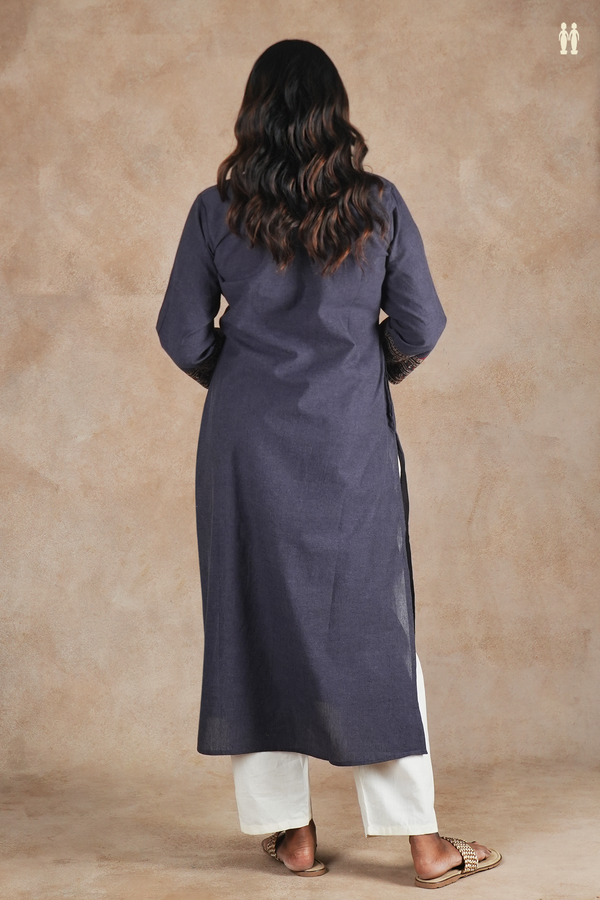 Split Neck Plain Charcoal Grey Cotton Long Kurta