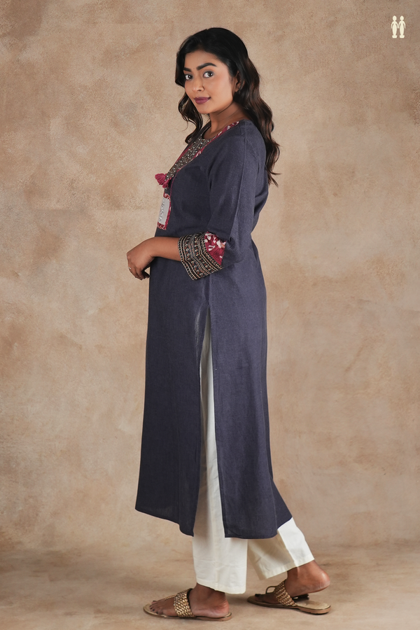 Split Neck Plain Charcoal Grey Cotton Long Kurta