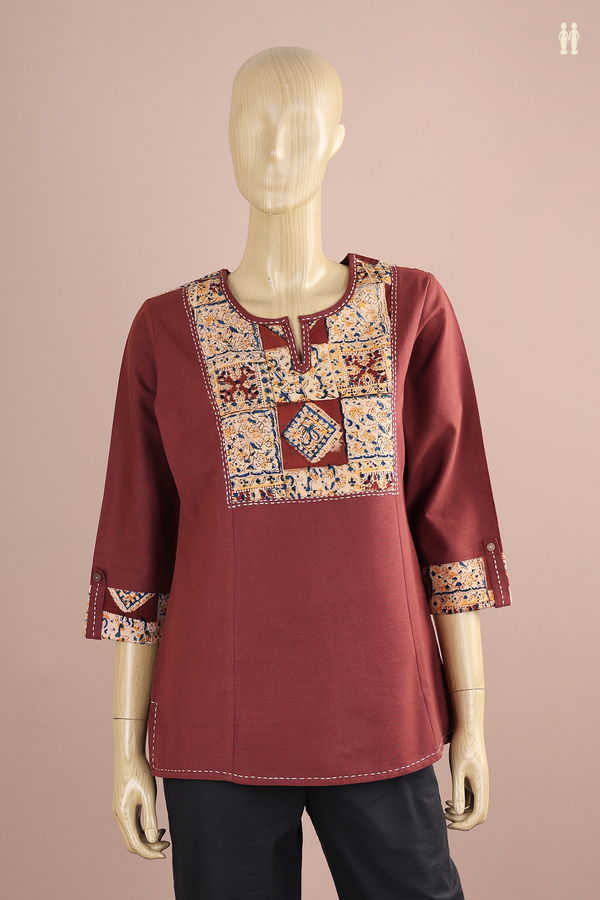 Split Neck Plain Chocolate Brown Cotton Short Top